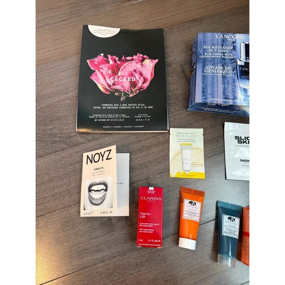Luxury Skincare Sample Bundle Cecred Lancome Peach & Lily Origins Clarins‎ 14pc